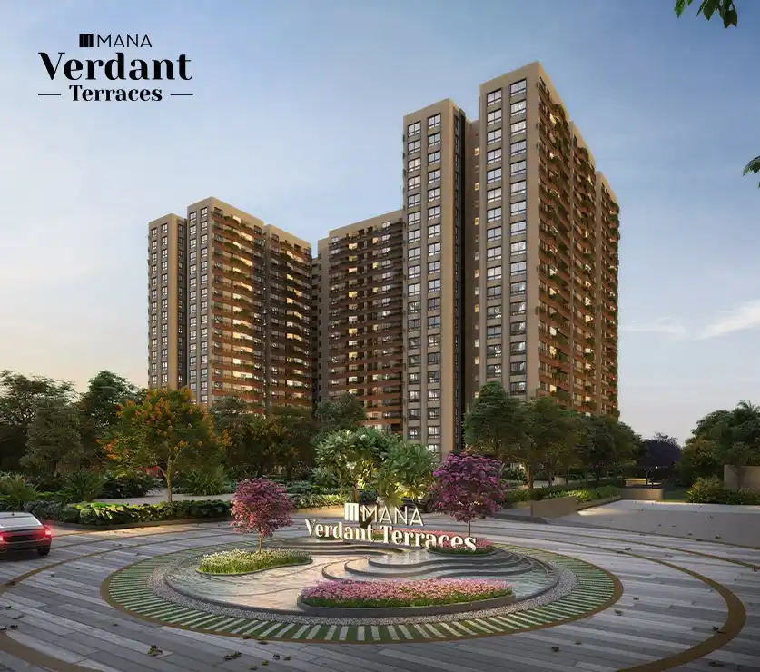 Aerial view of Mana Skanda luxury apartments in Bangalore by Mana Projects. Residential project with lake & greenery. The Right Life.